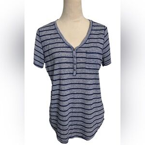 Women’s V neck top. Heather blue with blue stripes. Size Medium.